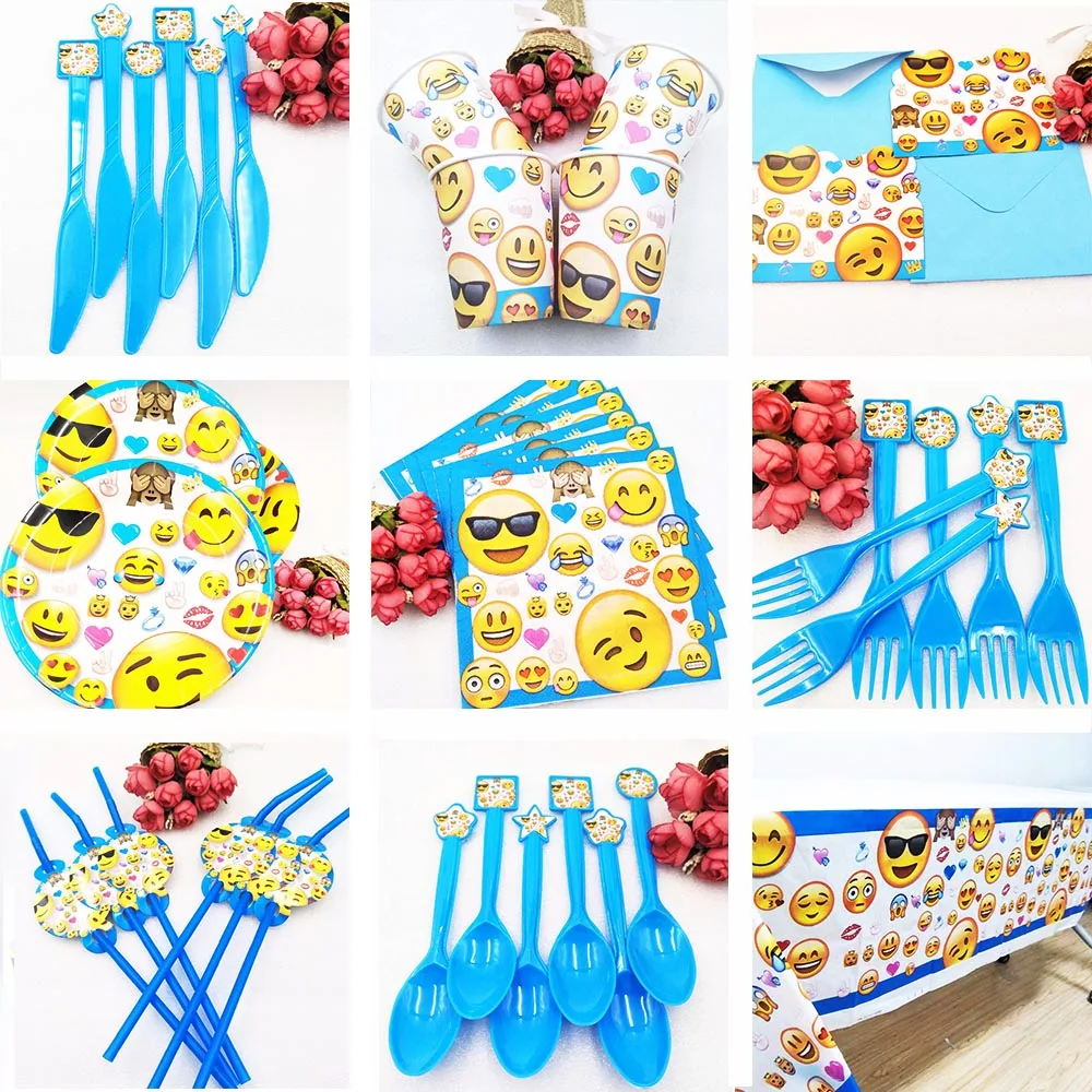 

hot!hot Emoji Expressio Kids Birthday Party Decoration Set Party Supplies napkins Cup Plate Banner Hat Straw Loot Bag Fork knive