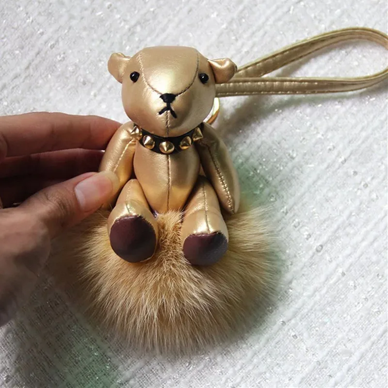 

Leather Vintage Keychain Key Rings Fashion Pendant Teddy Bear Cute Cartoon Leather platinum lock Bags Accessories Charm Ornament