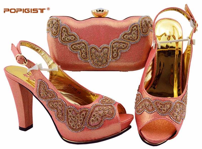 

Peach Color Comfortable heels Pumps Italian Shoes with Matching Bag Italian Design African Nigeria Shoes and Bag Set for Parties