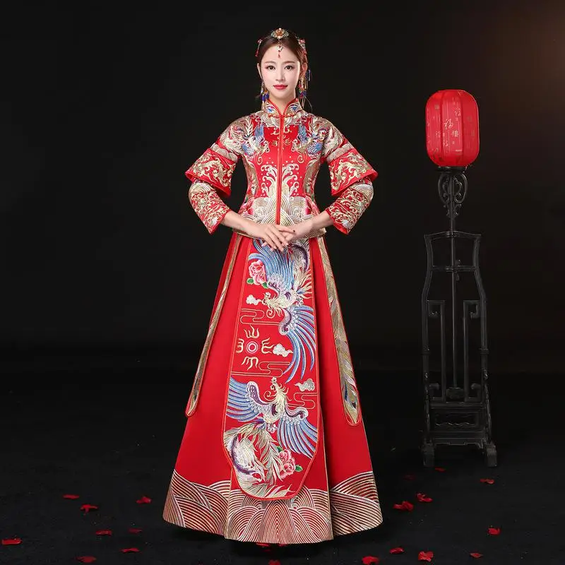 Древний свадебный наряд одежда невесты платье традиционное китайское свадебное платье женское Чонсам вышивка феникс красный Ципао - Цвет: Womens - 7