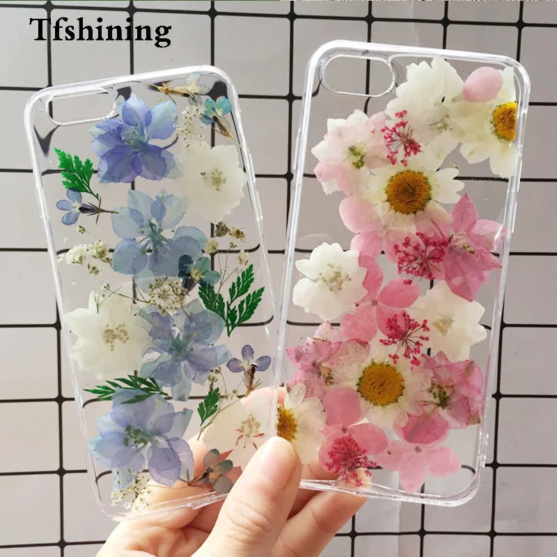 Tfshining ضغط ريال زهور مجففة الهاتف حقيبة لهاتف أي فون XS ماكس XR 6 6 s 7 8 زائد X السيليكون TPU واضح الزهور غطاء الحالات Fundas
