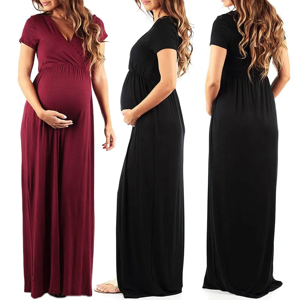 maternity clothes Pure color loong dresses for pregnant women maternity ...