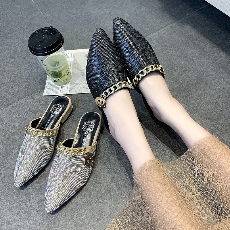 

Flat Mules shoes female summer 2019 new fashion trend red women's shoes rhinestones Baotou sandals