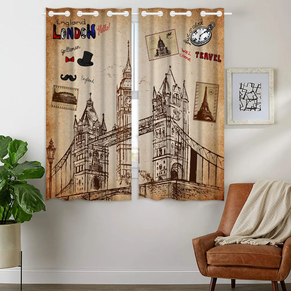

HommomH Curtains (2 Panel) Grommet Top Darkening Blackout Room England London Bridge Pocket Watch Gentleman Eiffel Tower Travel