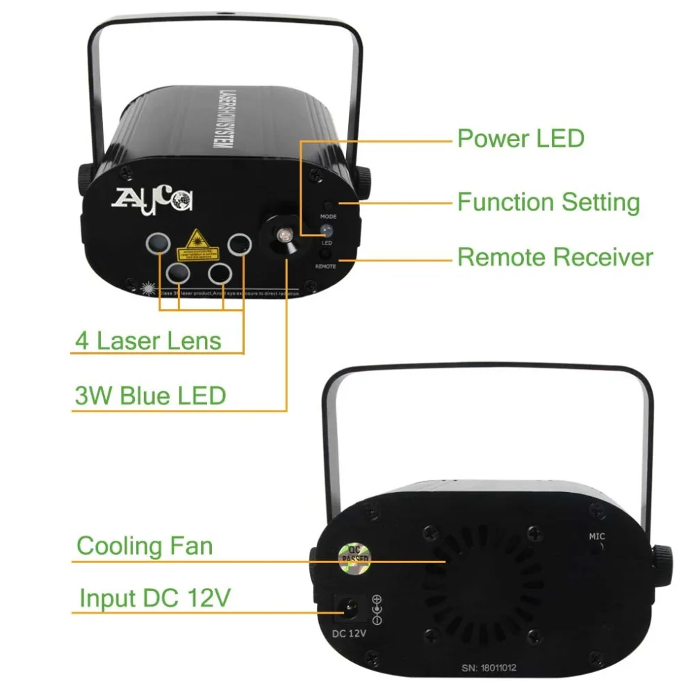 AUCD Mini Remote 4 Lens 20 Patterns RGB Laser Projector Lights & Blue LED Background Lamp Home Party Show Stage DJ Lighting SL80|Эффект