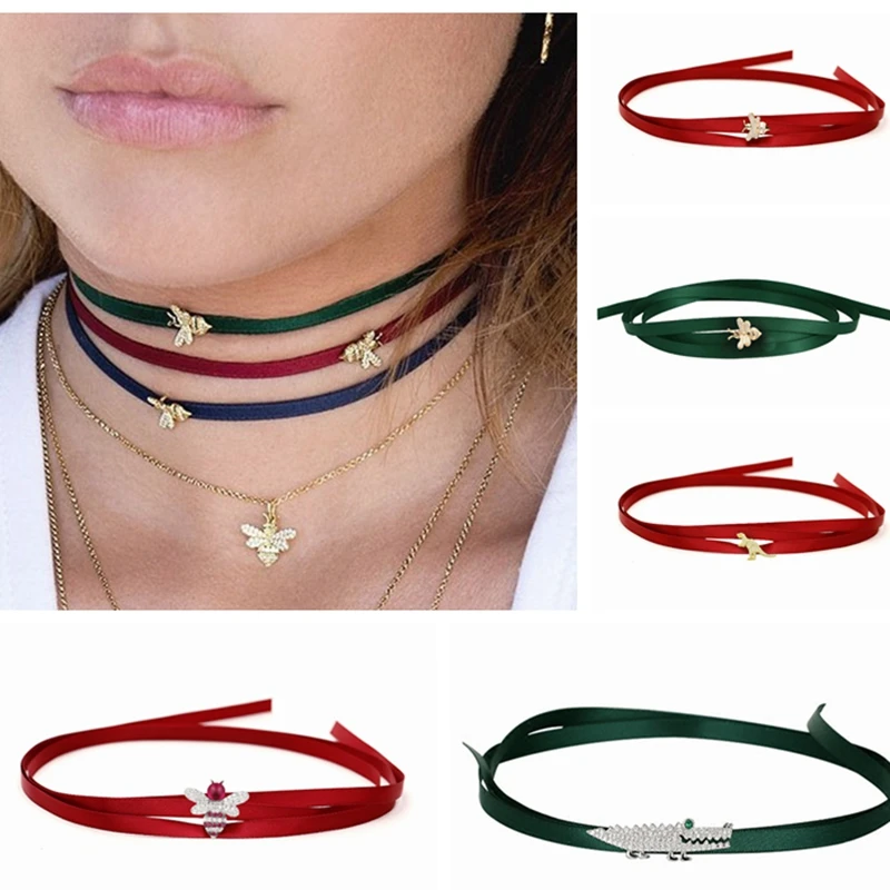 

Fashion Animal Dinosaur Bee Crocodile Choker Ribbon Choker Necklace Zircon Ribbon Candy Zircon Dragonfly Necklace Women Jewelry
