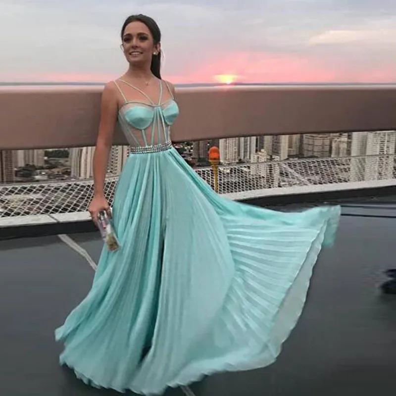 

2019 Special Design Handmade Beaded Long Evening Formal Dresses Women Spaghetti Straps Pleated Satin A Line Prom Party Gowns