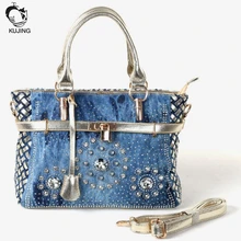 Bolso de Las Mujeres de Mezclilla Premium KUJING Set Diamond Bolso de Las Mujeres de Negocios de Lujo de Gran Capacidad de Hombro Bolsa de Mensajero de Las Mujeres