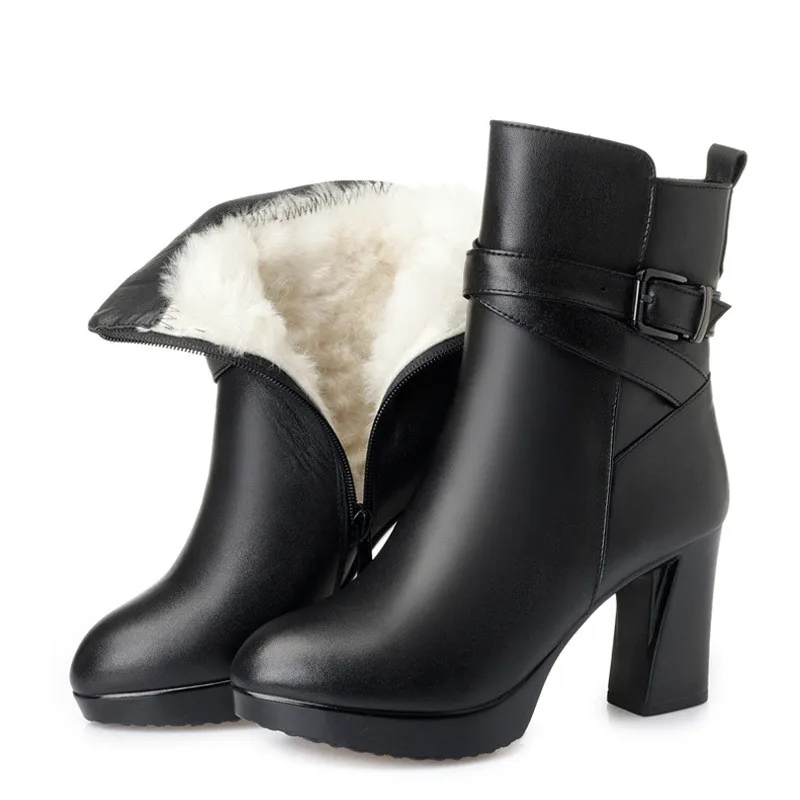 

Boots 2018 new autumn and winter leather booties plus velvet wool cotton boots wild warm high heel women's boots 34.