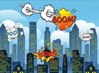 

Birthday Party photo backdrop BOOM superman skyscrapers party banner dector background for baby shower cake dessert table W-285