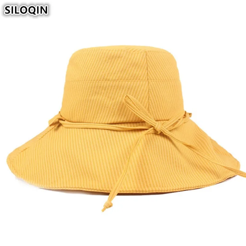 

SILOQIN Foldable Elegant Women's Bucket Hats Summer Ladies Fashion Sunhat Korean Style Beach Hats Wind Rope Fixed Female Caps
