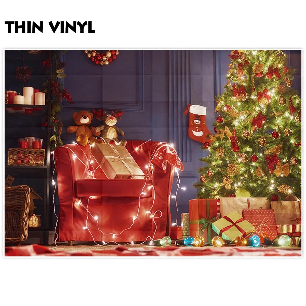 Allenjoy التصوير خلفية عيد الميلاد شجرة ضوء الهدايا خزانة لعبة الدب calssic الداخل الخيال photographuc خلفية