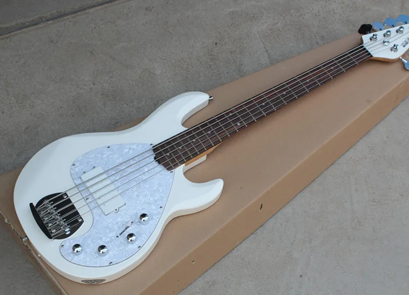 

White 5-string Electric Bass Guitar with White Pearl Pickguard,Rosewood Fingerboard,Offer Customized