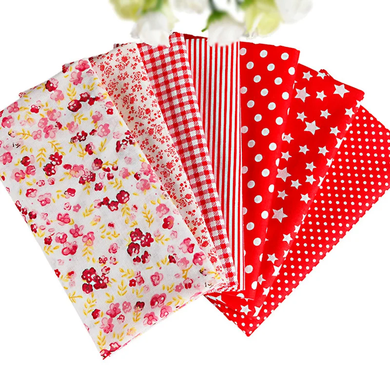 

Red 7PCS Assorted Pre-Cut Charm Cotton Quilt Fabric Fat Quarter Tissue Bundle Best Match Floral Stripe Dot Grid Print 50x50cm