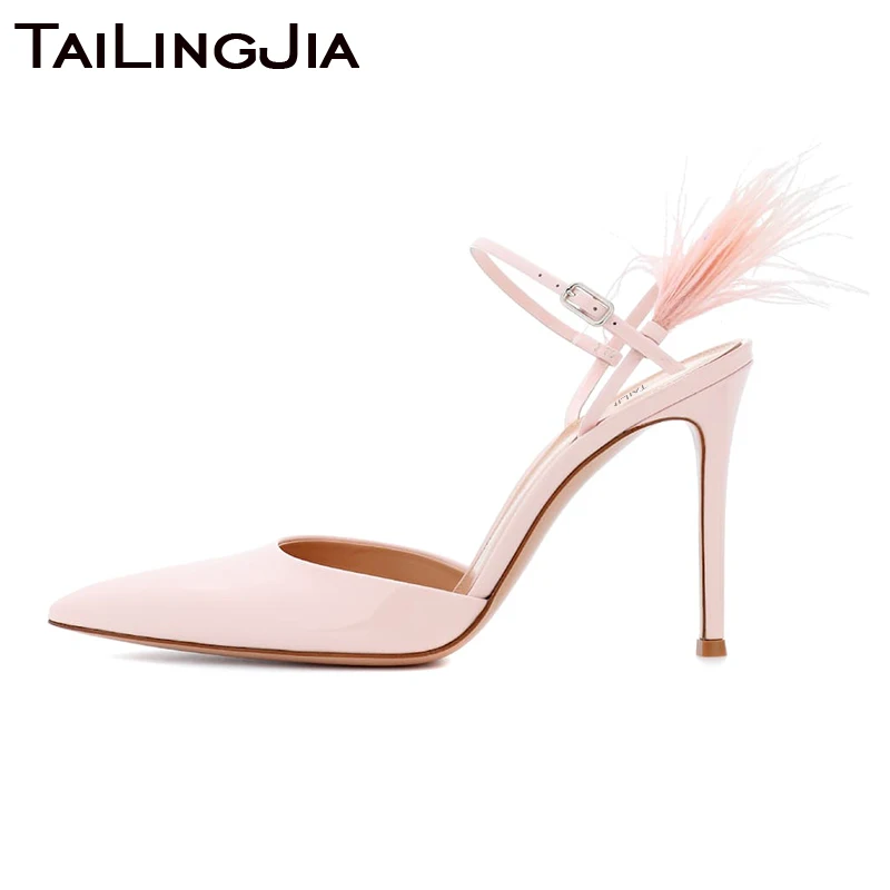 

High Heel Pink Silk Luxury Pointed Toe Women Pumps Woman Shoes Bird Hair Fur Wedding Party Brand Ladies Handmade Shoe Wholesale
