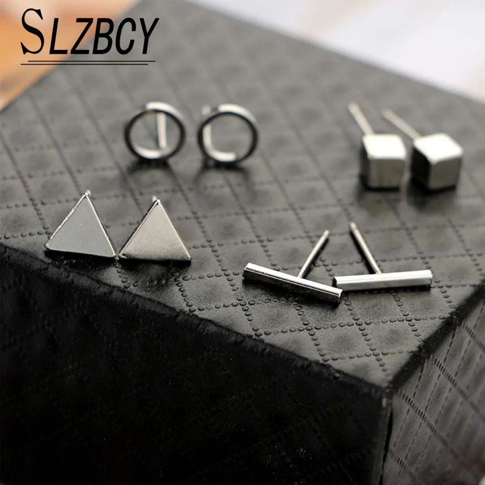 

SLZBCY Fashion Gold Color Metal Round Square Stud Earrings Set Punk Rectangle Small Earring for Women Party Jewelry 4Pairs/Set