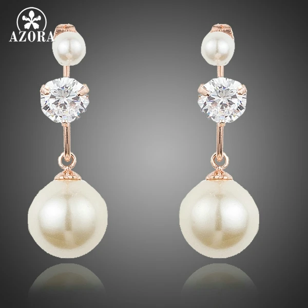 AZORA Rose Gold Color Clear AAA CZ V Design Earrings Drop with Pearl for Women TE0206