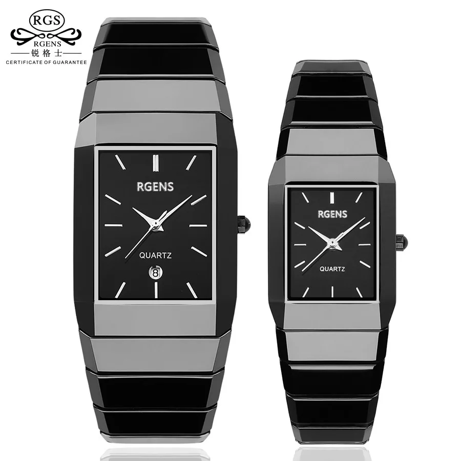 Деловые женские мужские наручные часы керамические черные белые квадратные Кварцевые женские мужские часы водонепроницаемые часы с календарем RGENS бренд