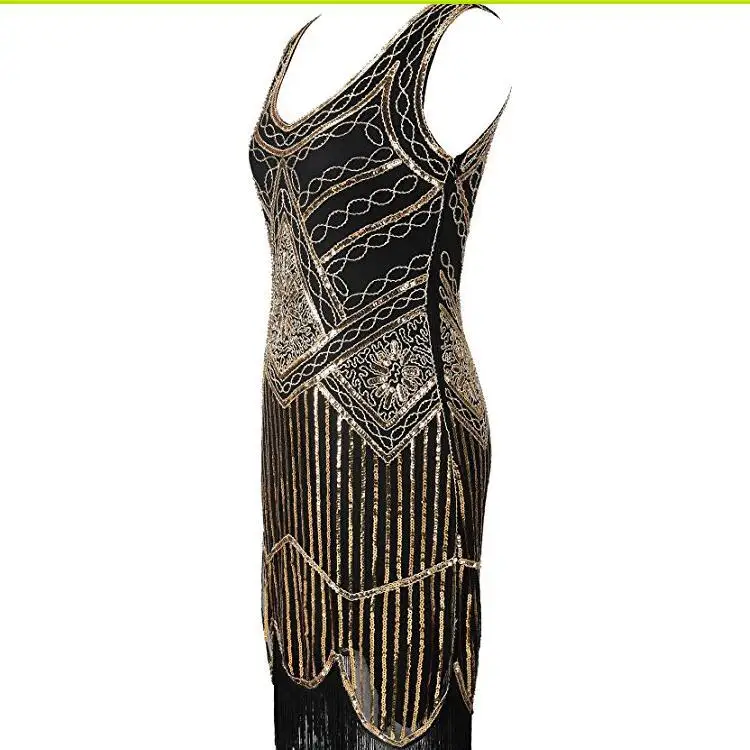 Женские платья 1920s Great Gastby с пайетками в стиле арт-деко, винтажные вечерние платья с v-образным вырезом, украшенные бахромой, летние платья без рукавов