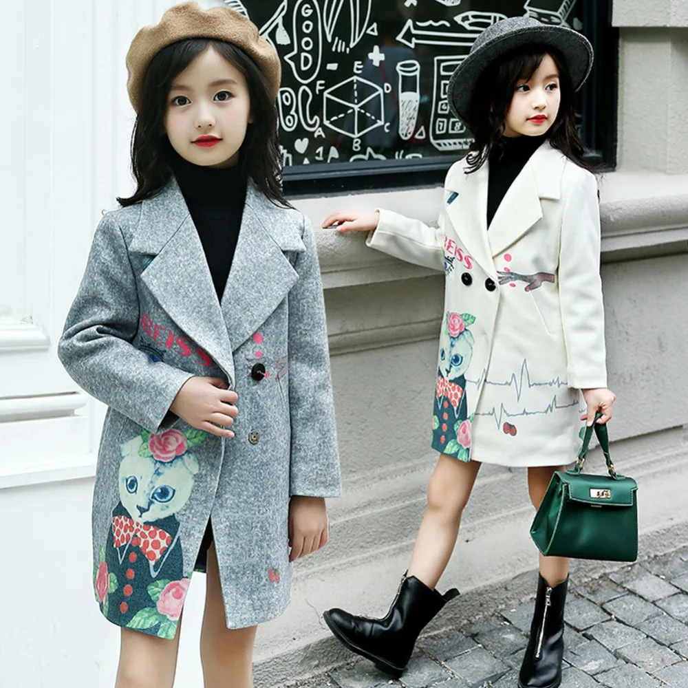 

Girls Coats Wooled Jackets Teenage Kids Beauty Girl Pattern Long Outerwear Little Fashion Girl Clothing