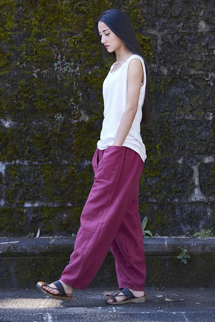 LZJN Baggy Pantalon Women Loose Ankle length Pants Linen Wide Leg Ladies Casual Sand Wash Summer Cool Baggy Trousers with Pocket (32)