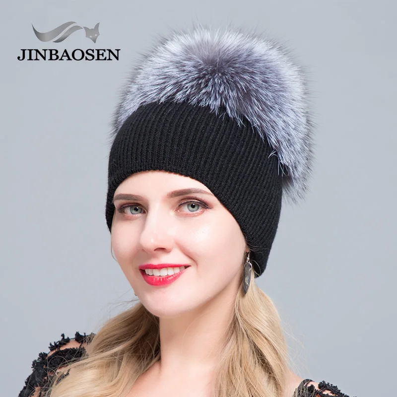 

JINBAOSEN Russian fashion knit wool fur hat fox fur sewing earmuffs winter ski cap ladies warm hat washable double thick fur hat