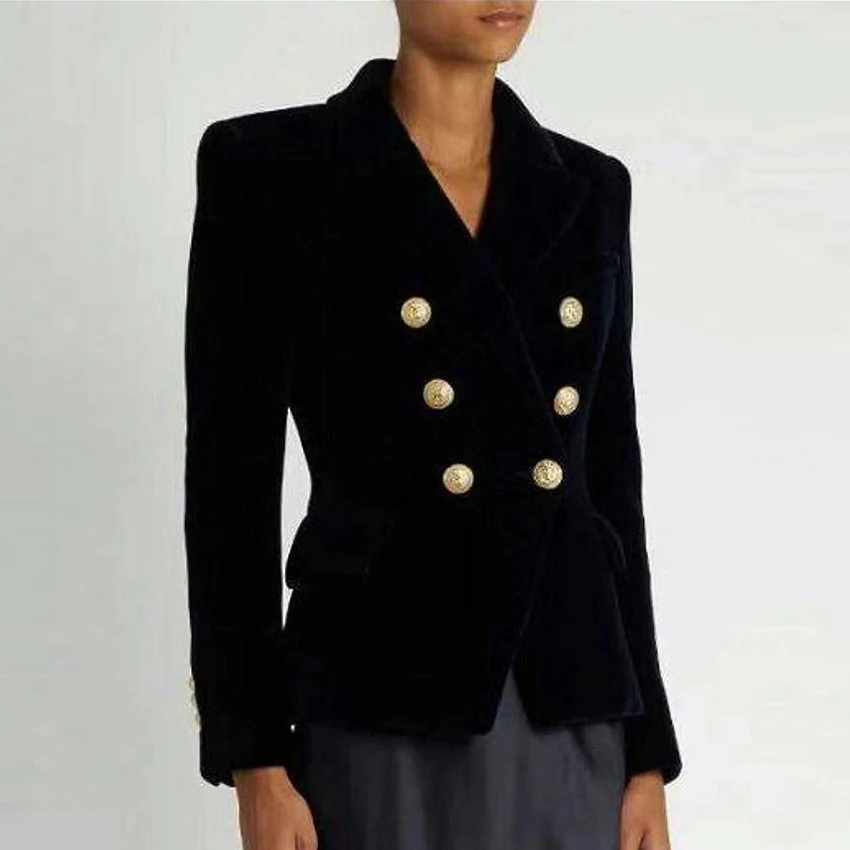 

EXCELLENT QUALITY Newest Fashion 2019 Designer Blazer for Ladies Double Breasted Lion Buttons Velvet Blazer Coat