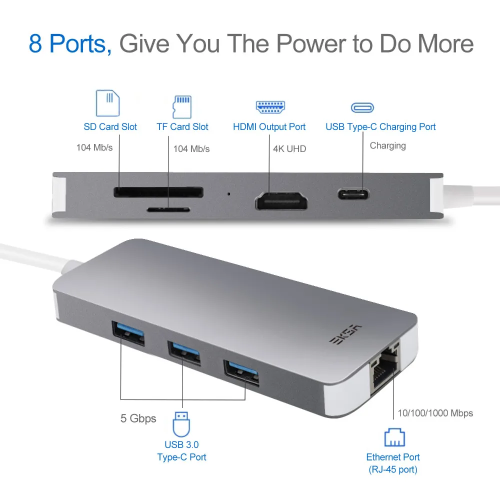 EKSA USB C USB-C концентратор с питанием типа C концентратор 4K HDMI SD/TF кард-ридер RJ45 USB 3,0 концентратор для MacBook Pro huawei P20 Pro