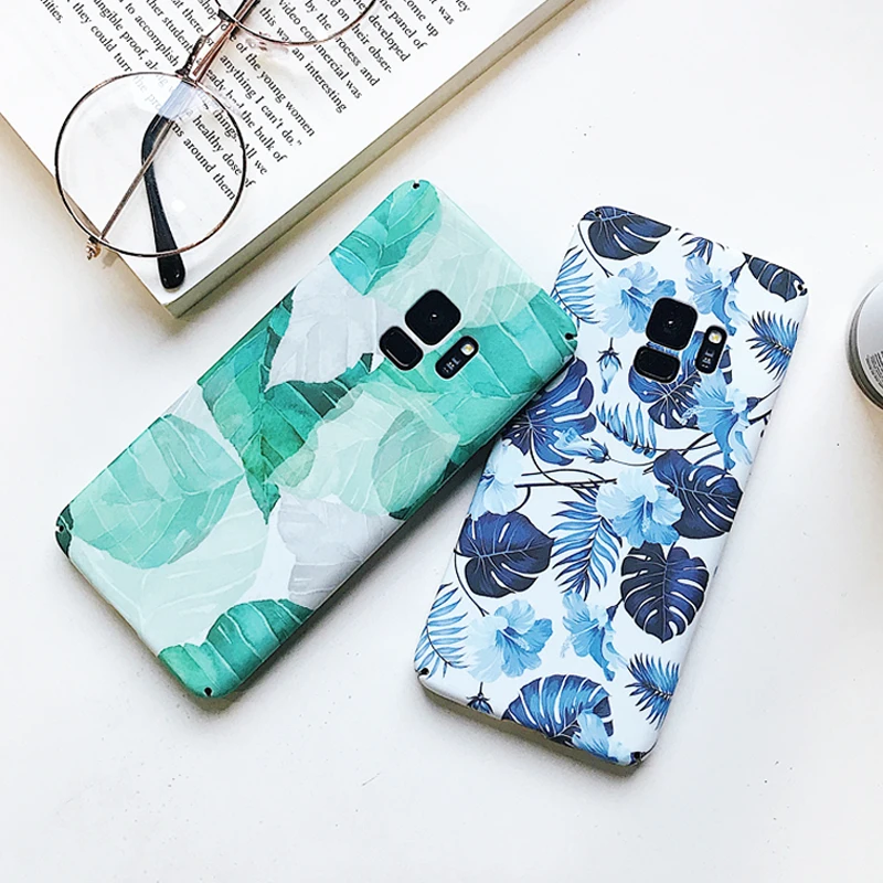 

For Samsung Note 9 S7 Edge S9 Plus Korea Mint Blue Leaf Full Hard Cover Case For Samsung Galaxy S8 S9 Plus Note 8 9 Note9 Cases