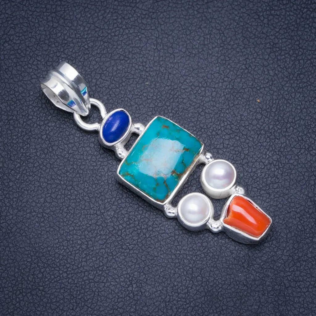 

Natural Turquoise,River Pearl,Red Coral and Lapis Lazuli 925 Sterling Silver Pendant 1.75" A0264