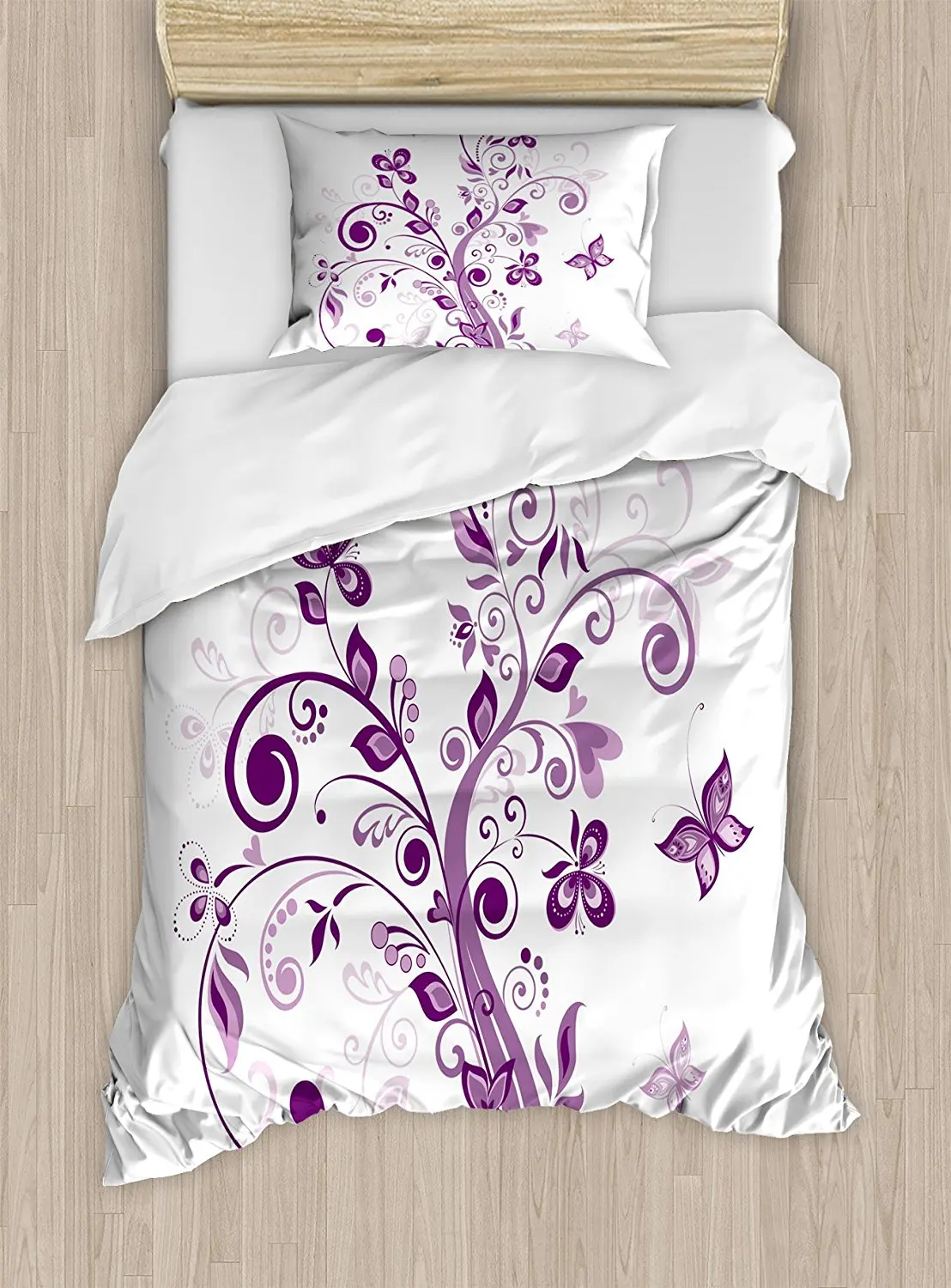 Mauve Duvet Cover Set Tree with Swirled Branches and Flowers Leaf