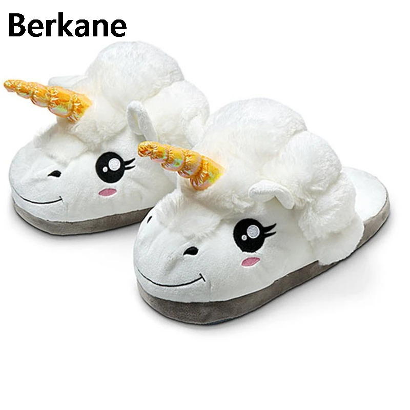 Adult Plush Unicorn Slippers For Women Home Cute Shoes Cartoon Winter Warm Unisex Indoor Christmas Chausson Licorne Size 36-41