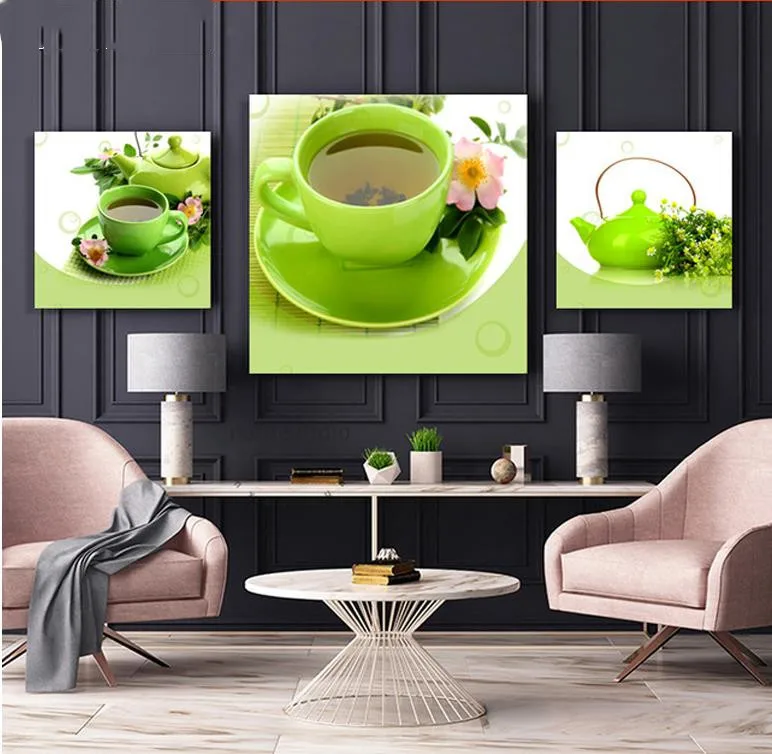diy pattern 3 PCS Diamond Painting&quotgreen cup tea&quotDIY 5D Mosaic Embroidery triptych Pictures for restaurant Decor | Дом и сад