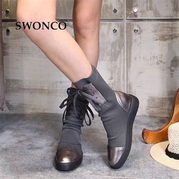 

SWONCO Women's Boots 2018 Autumn Winter Genuine Leather Knitting Wool Ladies Shoes Women Boots Winter Mid Calf Boot Woman Shoes