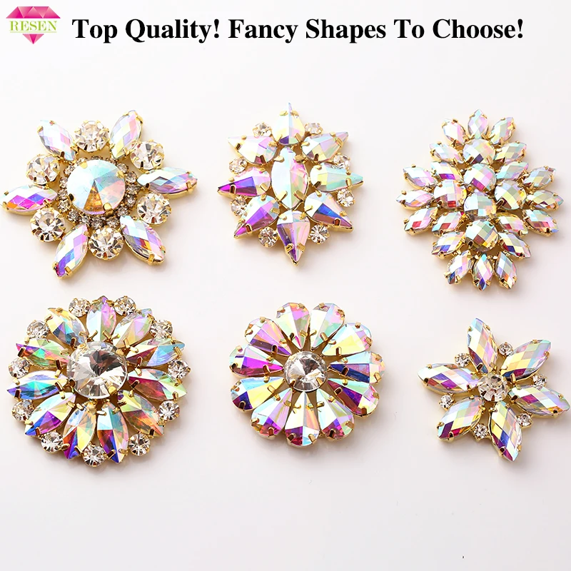 

RESEN Fancy Shapes Sew On Rhinestones Appliques Flatback Round Flower Gold Bottom Claw Sew On Crystal AB For DIY Wedding Dress