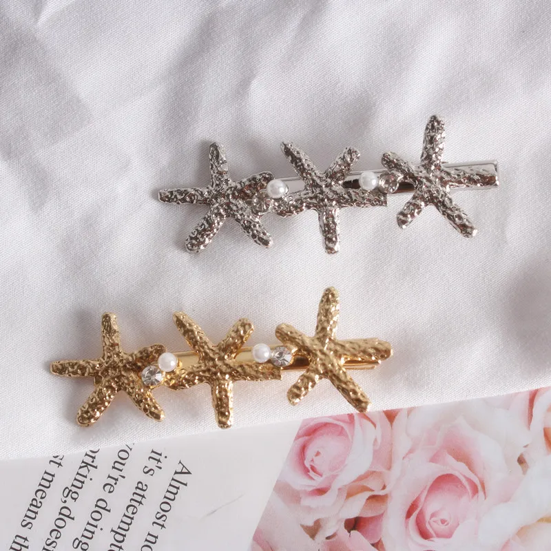 

Women Ladies Summer Holiday Gold Silver Metal Starfish Duck Clips Decorated With Pearls and Rhinestones Simple Hair Clips