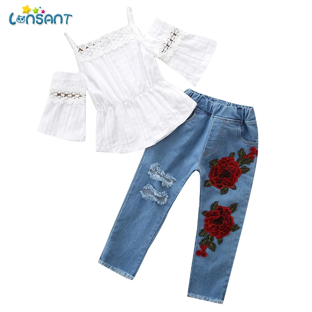 

LONSANT Flower Newborn Kids Baby Girls Clothes Sets Lace Tops T-shirtLong Sleeve Denim Pants Jeans Flower Outfits Set Clothes