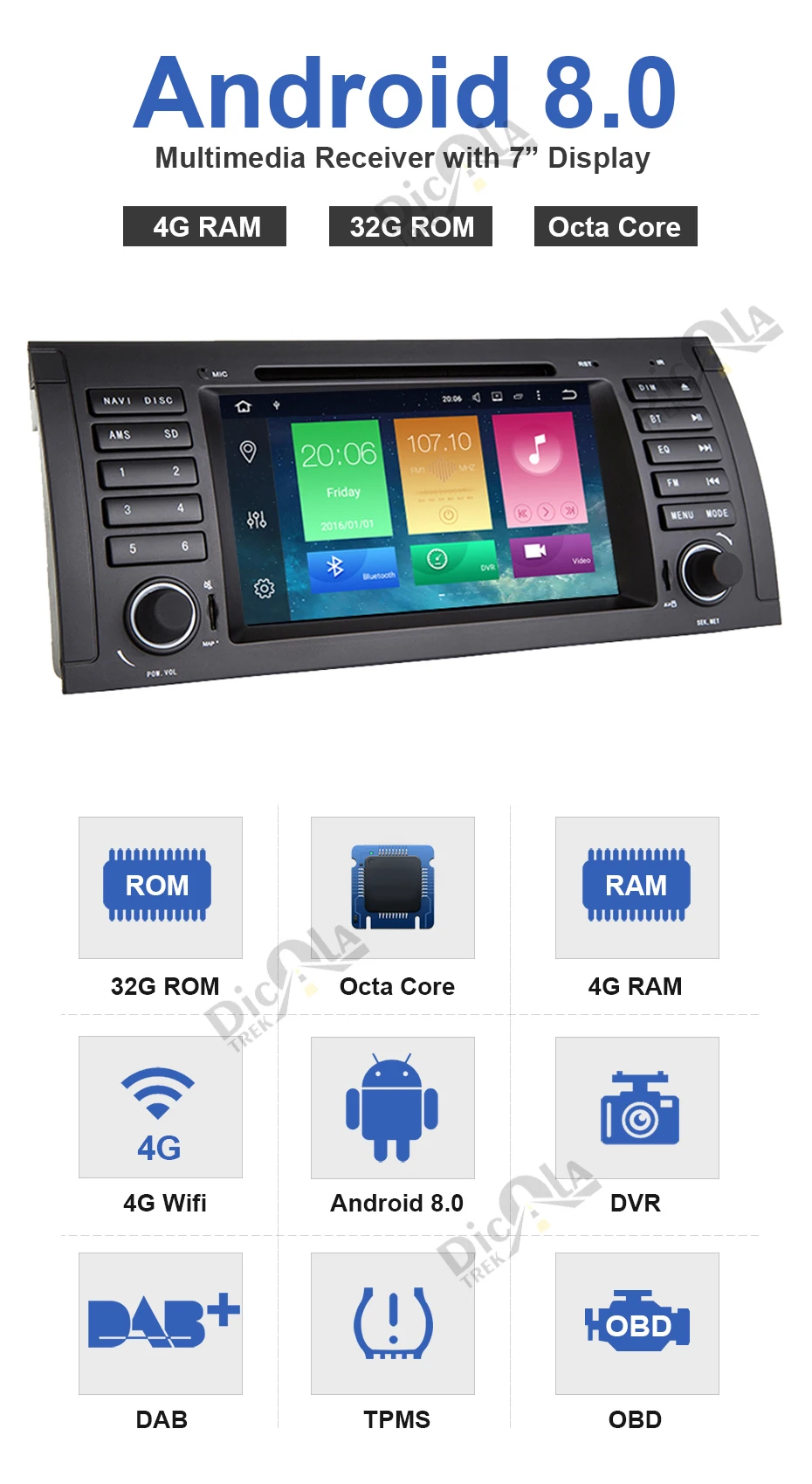 Perfect Android 8.0 Octa Core GPS Navigation 7" Car DVD Player for BMW E39 5 Series/M5/E38/E53 with BT/RDS/Radio/SWC/USB/SD/3G/WIFI 3