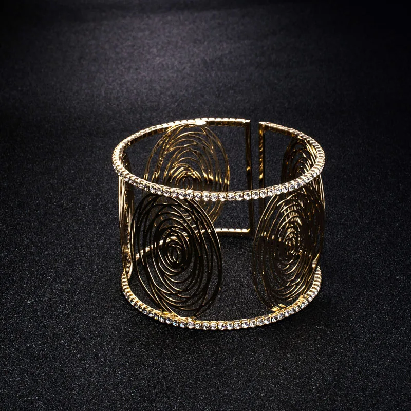 Fashion Wide Cuff Bracelets for Women Gold Color Metal Sparkly Crystal Rhinestone Round Flower Open Bangle Bracelet (8)