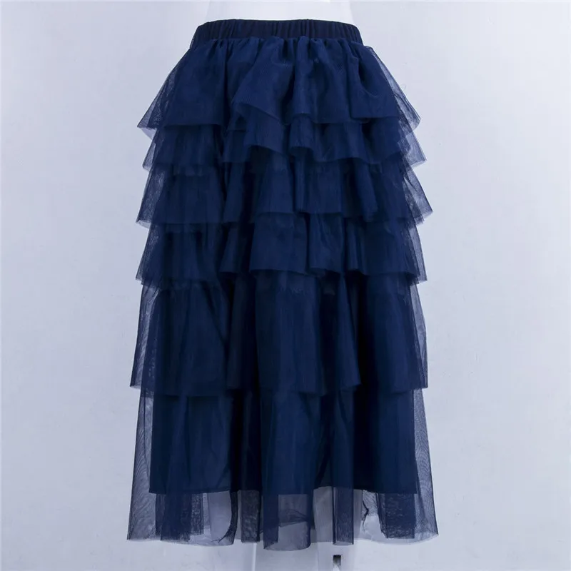 Womens Lace Multi Layered Tulle Mesh Skirt Elastic High Waist Tiered Pleated Maxi Long Skirts Fashion Lady Loose Straight Skirts
