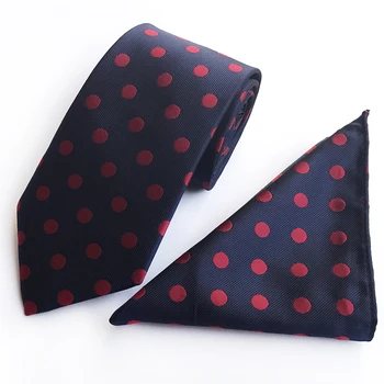 

8cm Men Formal Necktie Set Dark Blue with Red Big Dots Match Pocket Square