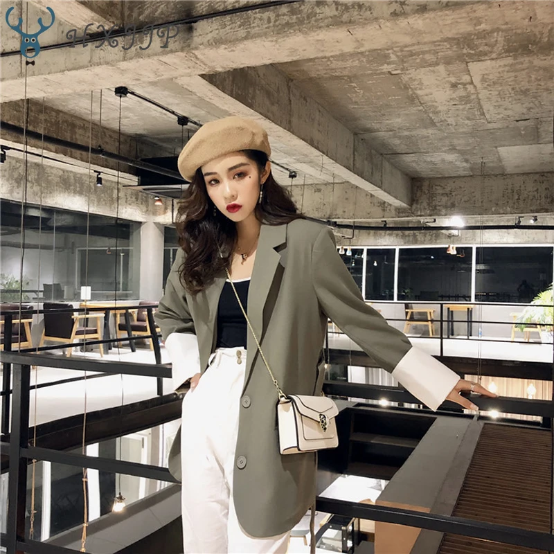 HXJJP Vintage Patchwork Lace Up Women Jacket Blazer Retro Loose Pockets Slim Waist Suit Coat 2018 Autumn Streetwear Outwear