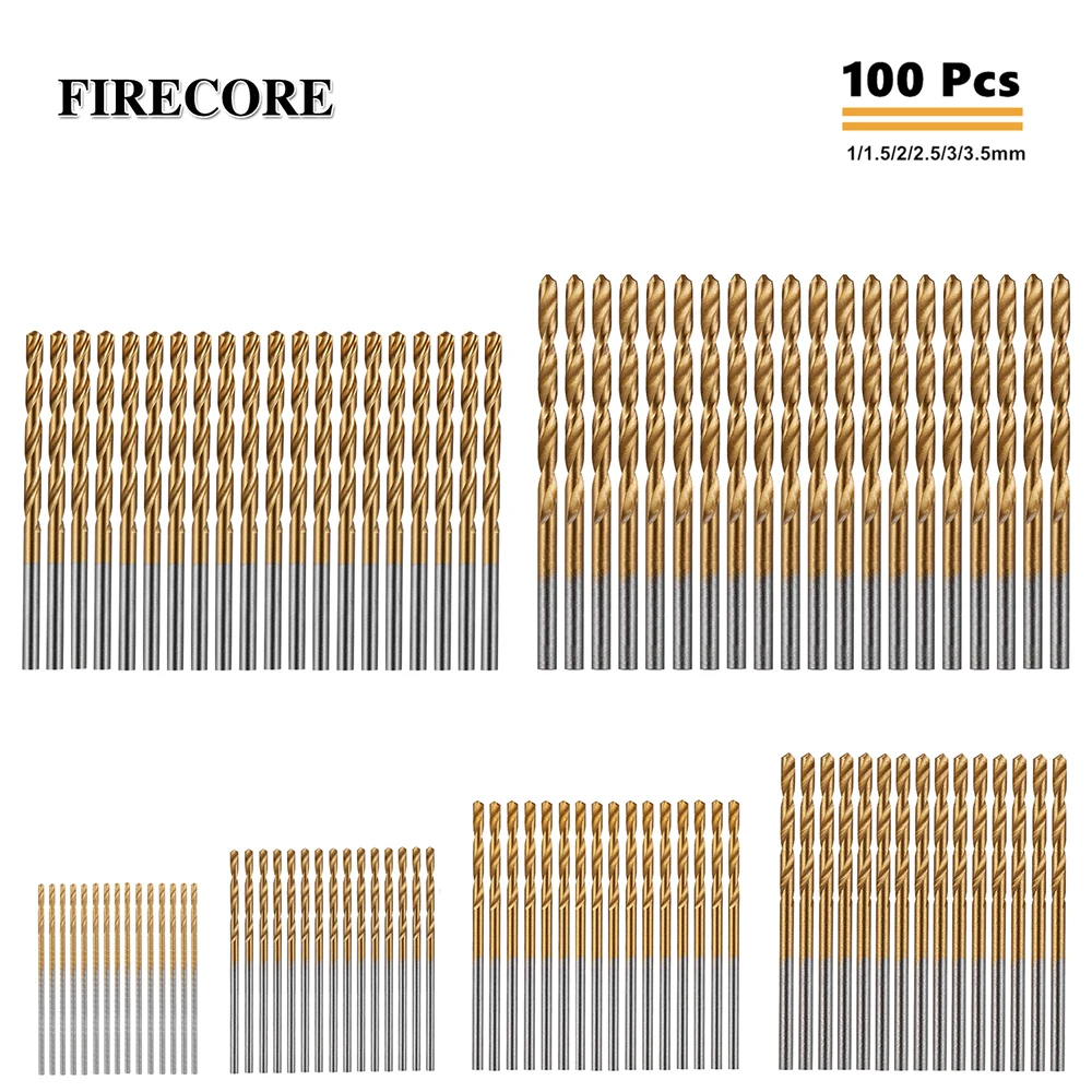 

FIRECORE 100Pcs 1/1.5/2.0/2.5/3/3.5 mm Titanium Coated Twist Drill Bit Aluminum HSS High Steel for Woodworking