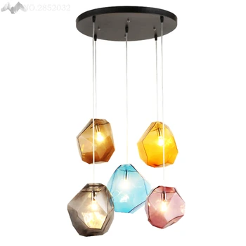 

JW_Modern Creative Color Polyhedron Glass Pendant Lamp Glass Hanging Lights for Living Room Restaurant Bar Cafe Home Light Decor