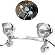 Chrome Motorcycle LED Headlight Head Lamp Spot Light + Bullet Turn Signals Light + Light Bracket Bar Set For Honda Yamaha Suzuki