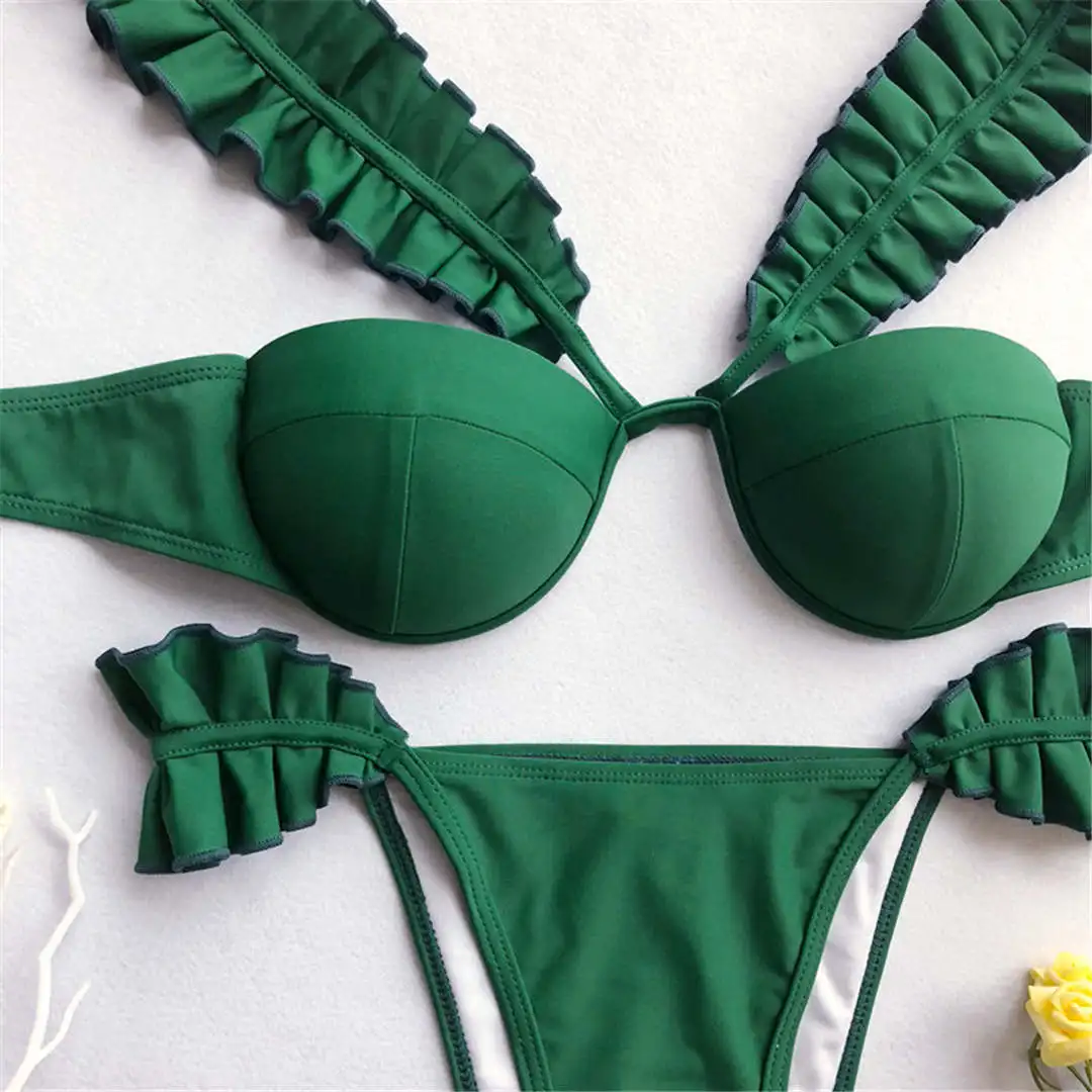 Зеленый бикини с пуш-апом, Плавание костюм женский Плавание одежда Для женщин комплект из двух предметов, купальник бикини с чашки бюстгальтера купальник ванный комплект Плавание V1055
