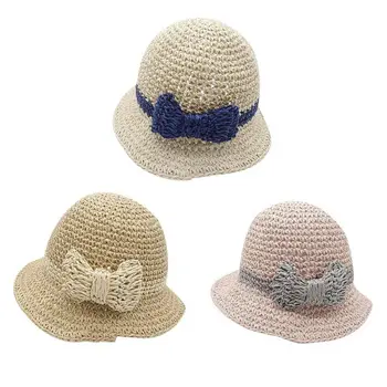 

Summer Cute Child Girls Straw Hat Sun Flora Hat Kids Large Brim Beach Boater Beach Ribbon Round Flat Top