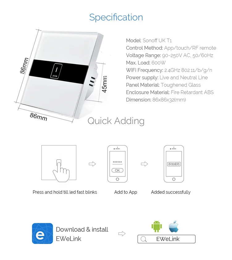 Стандарт ЕС eWelink 2 банда Wifi переключатель управления через Android и IOS, беспроводной светильник управления Сенсорный настенный переключатель для Smart Homne