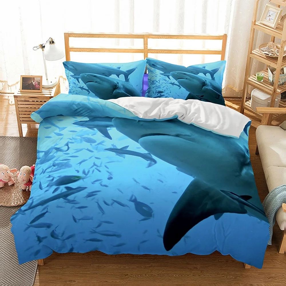 

Blue Shark with Shoal of Fishes in The Sea Duvet Cover Set 100% Microfiber Boys/Girls Bedding Set 3 Pieces with 2 Pillowcase