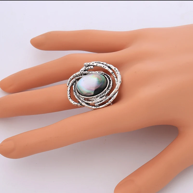 

Real Natural Shell Material Finger Rings for Men and Women Vintage Ancient Silver Color Wedding Band Ring Jewelery Accessories